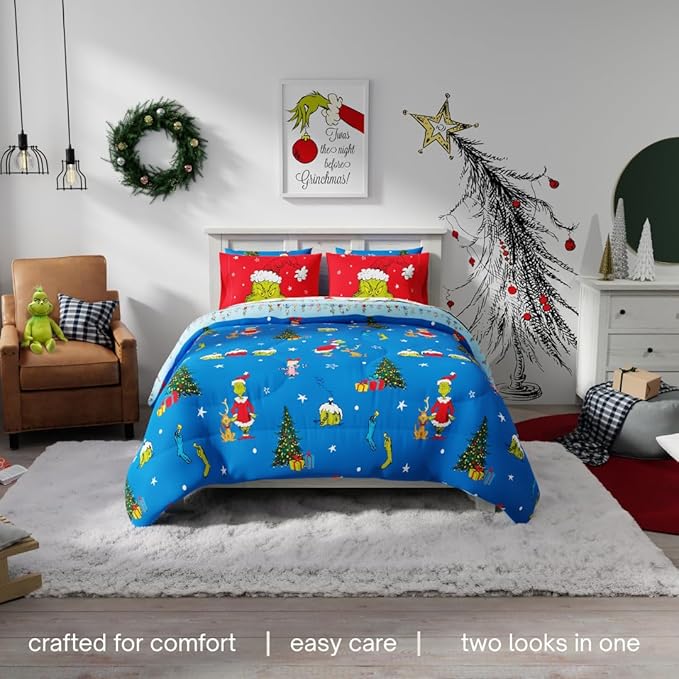 Grinch By Dr. Seuss Holiday & Christmas Bedding Super Soft Comforter and Sheet Set with Sham, 7 Piece Queen Size (Official Dr. Seuss Product) By Franco