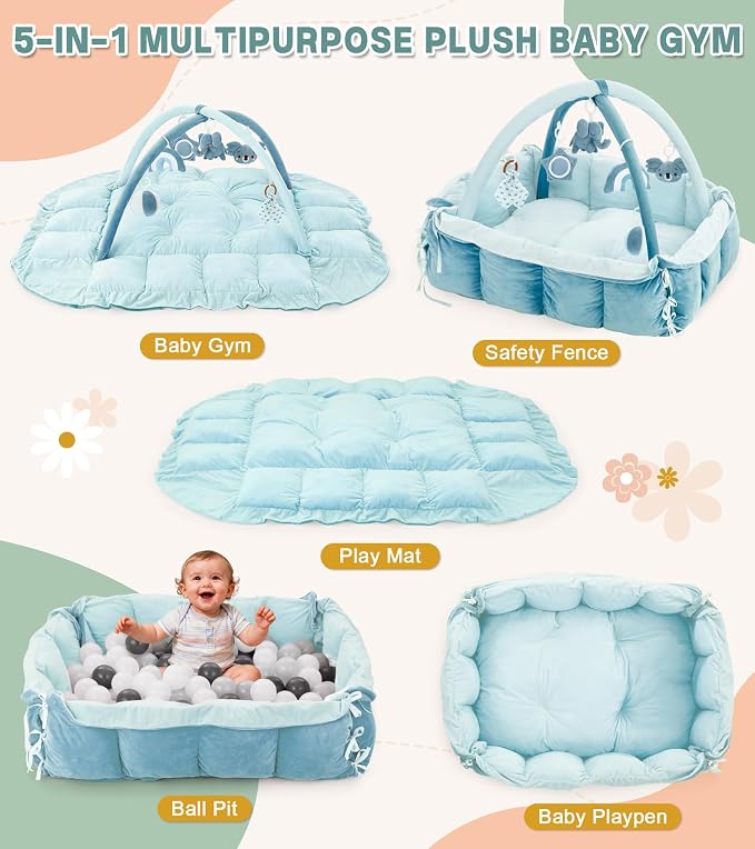5-in-1 Baby Play Gym and Tummy Time Mat, 12 Learning Cards, Plush Activity Mat with 6 Toys, Baby Gym, Convertible to Ball Pit, Baby Gift, Blue