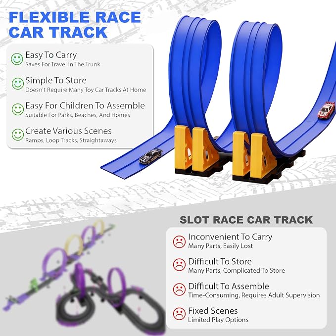 Flexible Race Track for Kids 3-5 Year Old, 15ft Flex Car Tracks for Toddlers with 2 Pull-Back Cars & 2 Alloy Cars, Portable Roll Up Racing Car Tracks, Birthday for Boys Girls