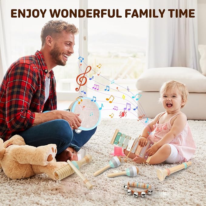 LeeQee Montessori Toys for Boys and Girls - Wooden Toys Baby Musical Instruments, Neutral Colors Percussion Instruments Set with Modern Boho Xylophone for Toddlers 3+ Music Education
