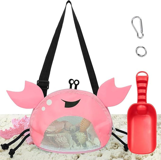 AMOR PRESENT Mesh Baby Beach Bag, Shell Collecting Bag with Shovel Crab-Shaped Adjustable Strap for Holding Shell Sea Pool Sand Toy, Pink