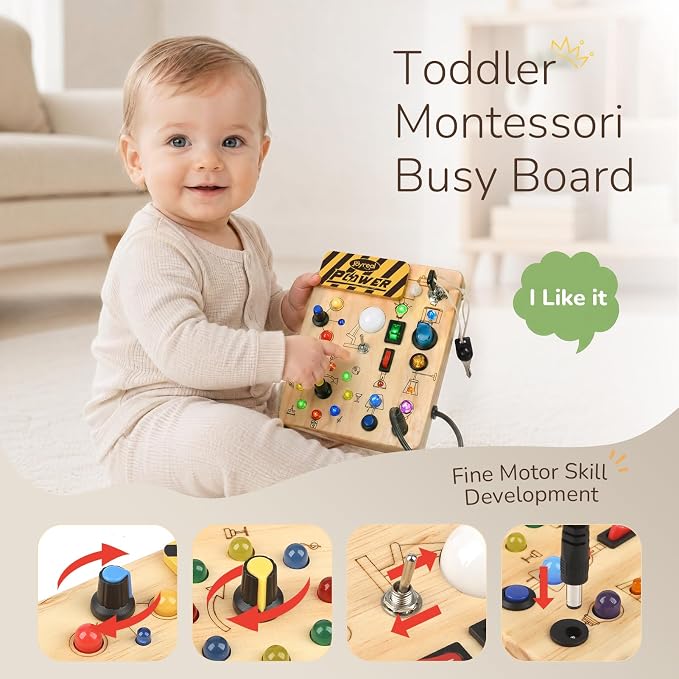 Joyreal Busy Board for Toddlers 1-3 - Montessori Toys for 1 2 3 Year Old, Wooden Sensory Activity Board with 10 Switches&19 Lights, Ideal Educational Travel Toy Gift for 1+ Year Old Boy&Girl Birthday
