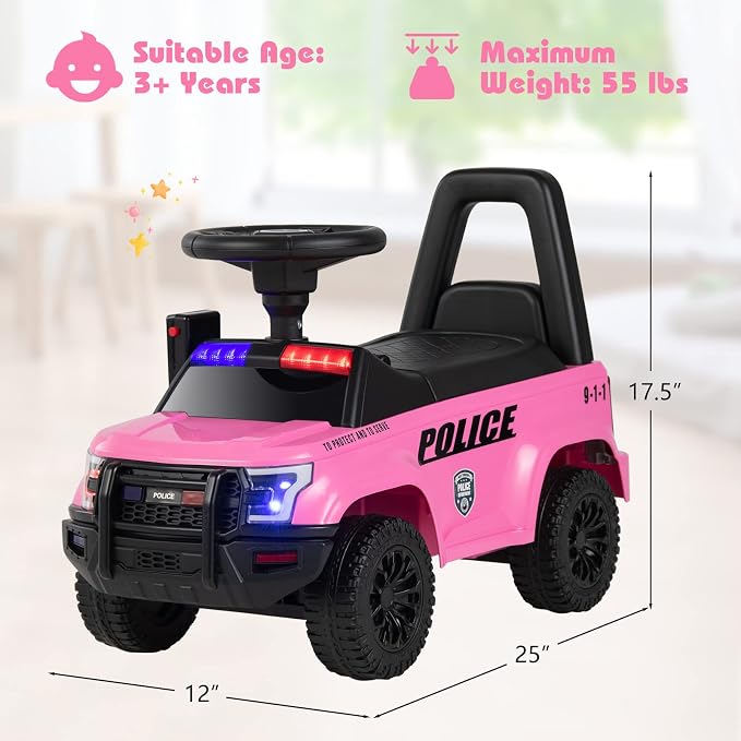 OLAKIDS Ride On Push Police Car, Toddler Foot-to-Floor Sliding Toy with Siren, Steering Wheel, Megaphone, Horn, Headlights, Under Seat Storage, Kids Racer Walking Gift for Boys Girls 1-3 (Pink)