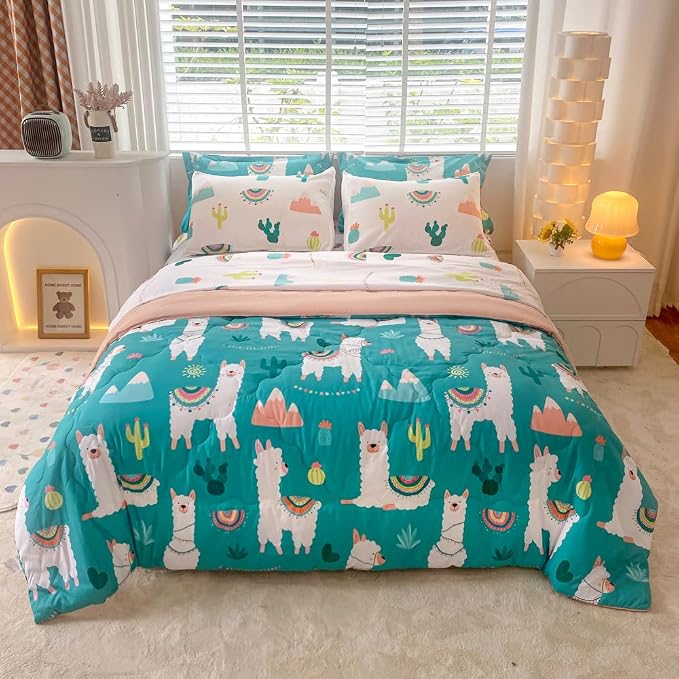 Wajade Kids Llama Comforter Set Bed in A Bag Twin Size 7 Piece Cute Alpaca Tropical Plant Cactus Bedding Set for Girls Boys (1 Comforter, 1 Flat Sheet, 1 Fitted Sheet, 2 Pillowcase and 2 Pillow Sham)