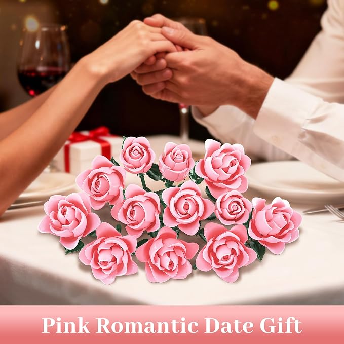 Pink Roses Flower Bouquet Building Set, Artificial Flowers Botanical Collection Compatible with Lego Flowers for Adults Christmas Anniversary Valentines Day Gifts