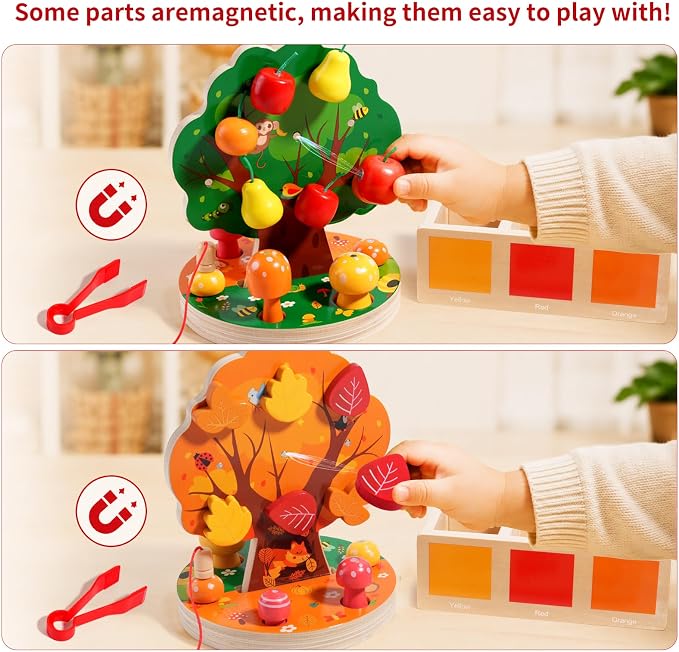 INIFEIDALA Montessori Toys for 3 4 5 6 Year Old - Wooden Educational Toy for Toddlers,Shape Sorting Puzzle for Fine Motor Skills,Apple Picking Magnetic Tree Toy,Hand-Eye Coordination,Color Recognition