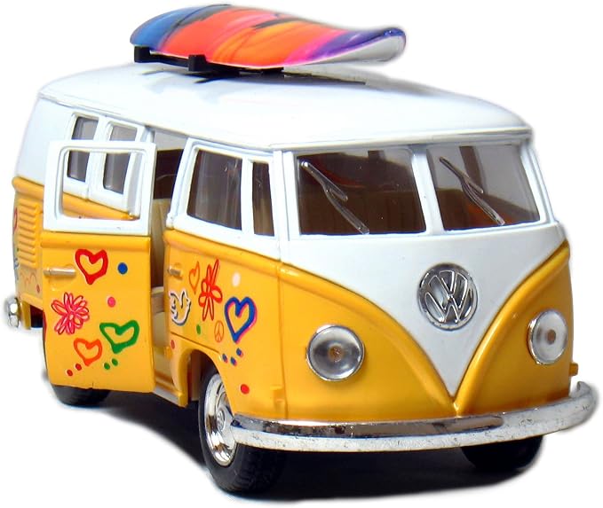 KiNSMART 1962 Volkswagen Classic Bus 1:32 Scale 5" Die Cast Metal Model Toy Van Pullback Acation (4 Set Surfboard Flower Power)