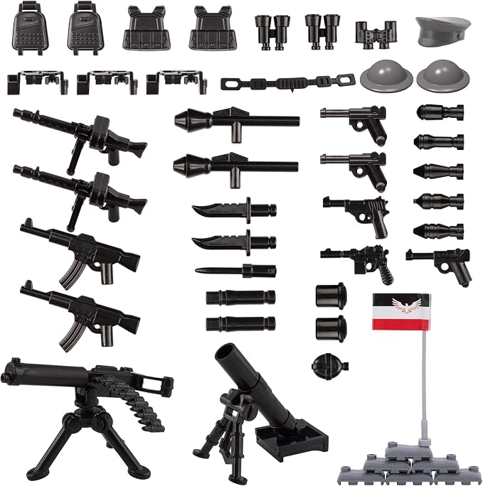 Military Weapons Pack 41 Pcs German Accessories Kits Toys, Army Equipment Gear WW2 Guns for Boys 6+, Compatible with Mini Figure of Major Brand