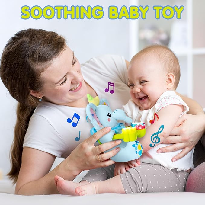 Ryotagift Baby Bilingual Musical Elephant Stuffed Animals Toys, Infant Early Learning Toy with Light-Up Music & Crinkle, Tummy Time Toys for 0 3 6 9 12+ Months for Baby Boy Girl Gift, Blue