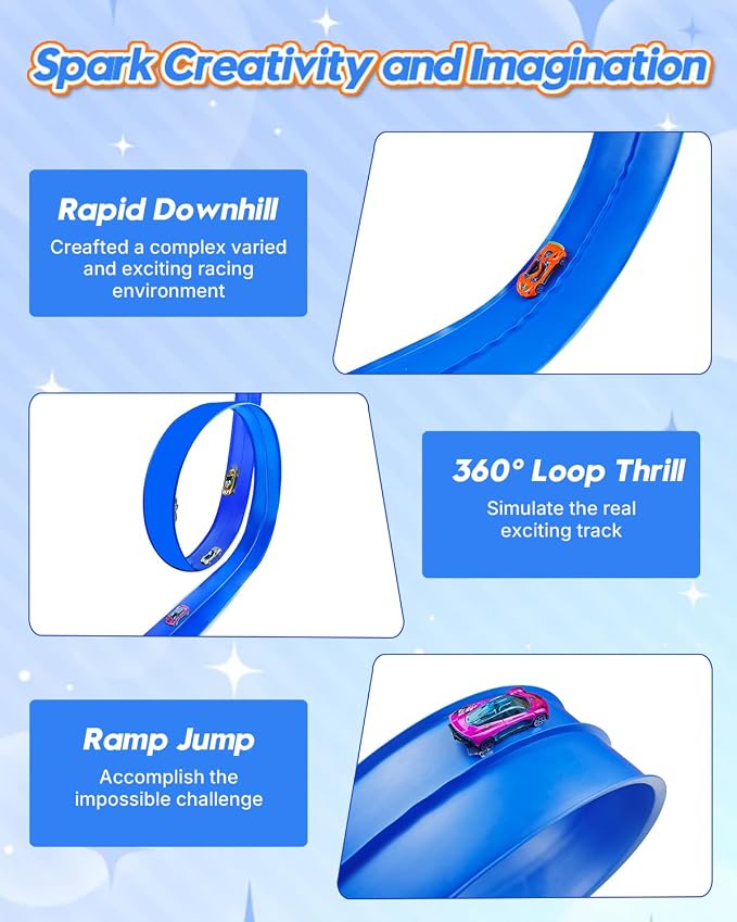 15 Ft Flexible Car Tracks for Kids Age 3 Up, Race Track with 6 Toy Cars, Flex Track Compatible Diecast 1/64 Cars with Suction Cups, Birthday for Boys (Blue)
