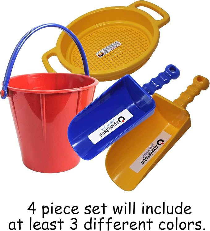 Spielstabil Large Sand Toys Bundle for Kids - Heavy Duty Sandbox Toys with Large Pail, Sieve, and 2 Scoops, Kids Summer Toys for Beach, Colors Vary, Ages 2.5 and Up