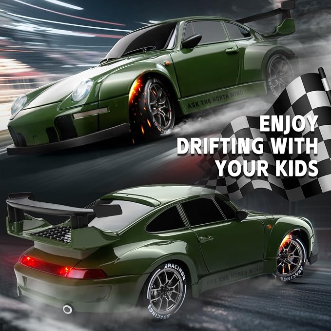 RC Drift Car, 1:24 Scale Remote Control Vehicle with LED Lights, 2.4GHz 20KM/H 4WD High Speed RC Cars, Drifting Tires＆Two Batteries, Racing Sports Toy Idea Gift for Adults Boys Girls and Kids