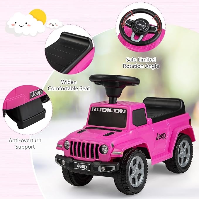 OLAKIDS Ride On Push Car, Licensed Jeep Foot-to-Floor Toddler Sliding Racer with Engine Sound, Horn, Under Seat Storage, Baby Walking Toy Gift for Boys Girls Kids Age 1.5-3 (Pink)
