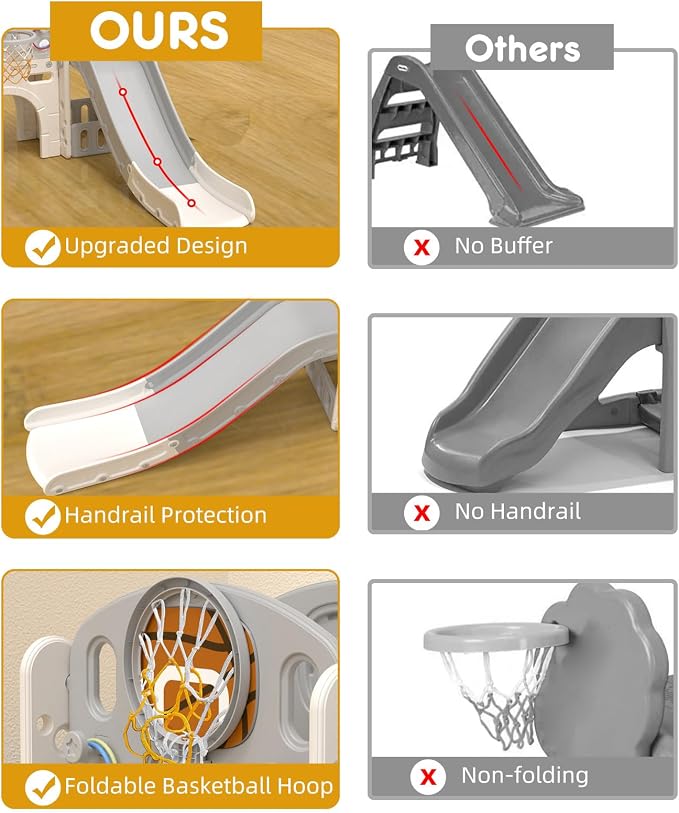 XJD 8 in 1 Toddler Slide Set, Kids Slide for Toddlers Age 1+, Climber Slide PlaySet with Basketball Hoop and Ball,Outdoor Indoor Playground for Toddlers 1-3 (Beige Grey, 8 in 1)