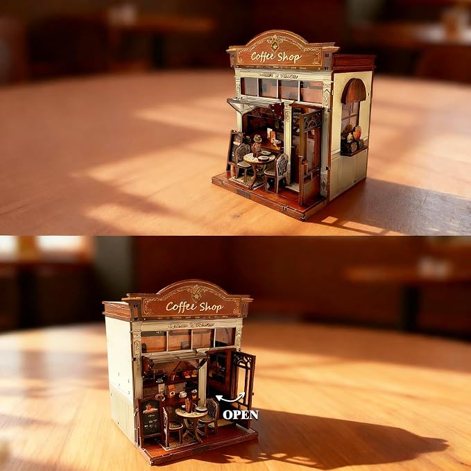 3D Wooden Coffee Shop Book Nook Kit - DIY Miniature Model with LED Lights, 143 Precision-Cut Pieces for Adults & Teens (1:24 Scale, Stress Relief Craft Gift)