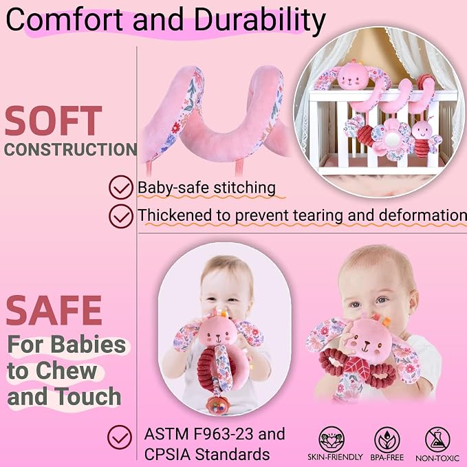 Baby Spiral Car Seat Toys for Babies 0-6 Months Girl, Stroller Hanging Stuffed Animal Carseat Crinkle Rabbit Toy 0-3-4-5-6-7-8-9-12 Month, Newborn Infant Toddler Birthday Gifts Set Bunny 3PCS