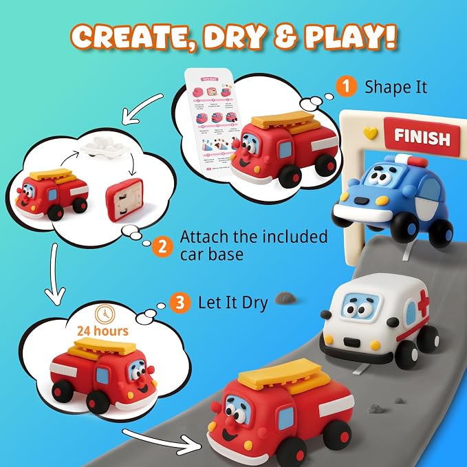 Air Dry Clay Kit for Kids - Pull Back Car Making, 3 Boxes Modeling Clay with Sculpting Tools, Base, Backing Board, Tutorial, Ultra Light & Soft, Non-Toxic & Safe, Creative DIY Arts and Crafts Toys