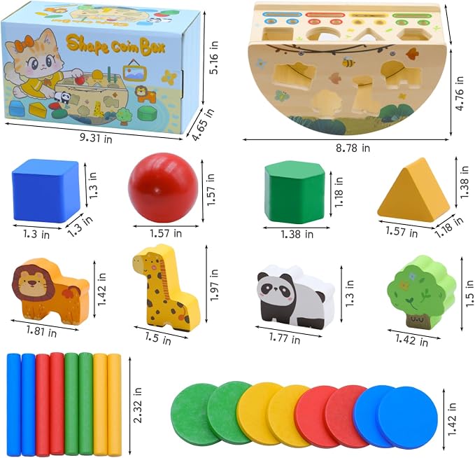 Montessori Busy Box for Toddlers 1-3, Wooden Object Permanence Coin Box with Shape Sorter & Animal Matching, Fine Motor Sensory Learning Toy with Wobble Base, Gift for 1 2 3 Year Old