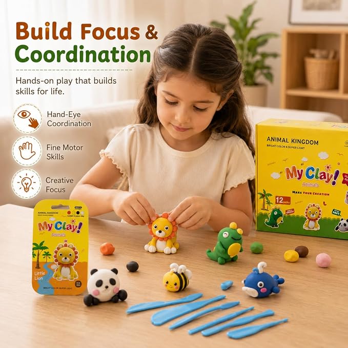 Air Dry Clay Kit, 12 Animals Kingdom Modeling Clay for Kids, DIY Model Magic Clay with Tools&Idea Cards, Soft&Non-Sticky, Safe&Non-Toxic Magic Clays, Creatible Art Crafts Toys Gifts for Boys Girls