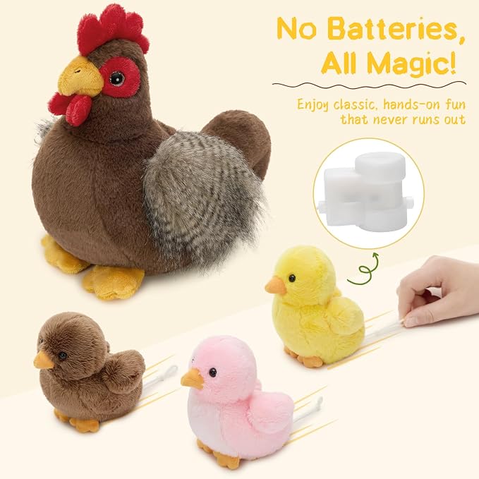 4 Pcs Easter Chicken Plush Set, Mom Hen Stuffed Animal with 3 Stuffed Wind Up Chicks Toy in Mother Chicken's Belly, Christmas Birthday Gift for Kids Girls Boys, Animal Theme Party Decor
