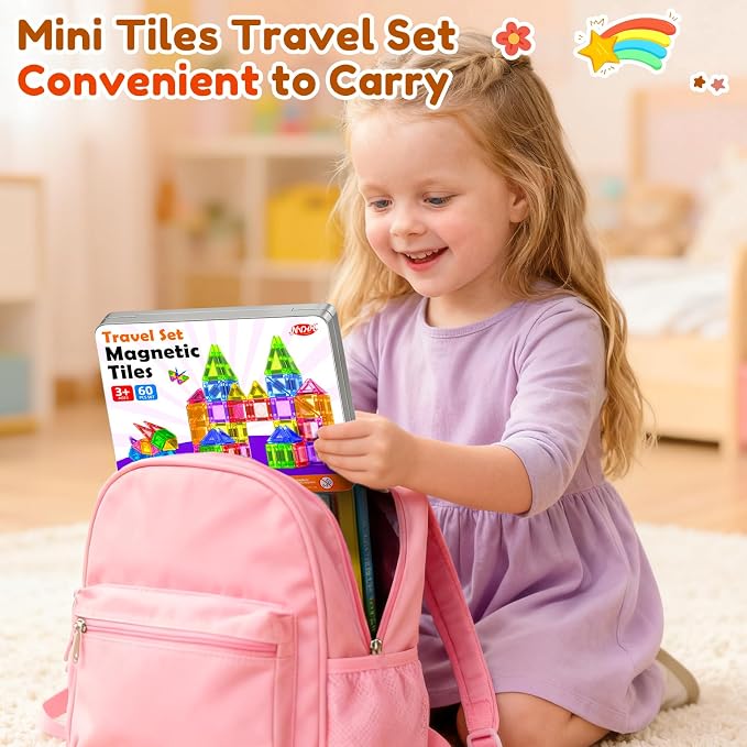 60PCS Mini Magnetic Tiles for Kids Ages 3-5 4-8 with Iron Box Travel Magnet Building Kids Toys for 3 4 5 6 7 8 Year Old Boys Girls Toddler Creativity Construction Sensory Valentines Birthday Gifts