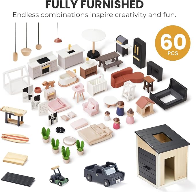 Tiny Land Modern Family Dollhouse & Wooden Dollhouse Garage Toy Set