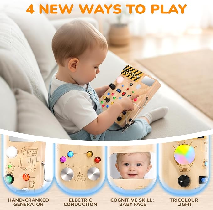 Busy Board for Toddlers 1-3 - Montessori Toys for 1 2 3 Year Old, Wooden Toy Sensory Activity Board with 12 Activities & 22 Lights, Educational Travel Toys for 1+ Year Old Boy & Girl Birthday Gift