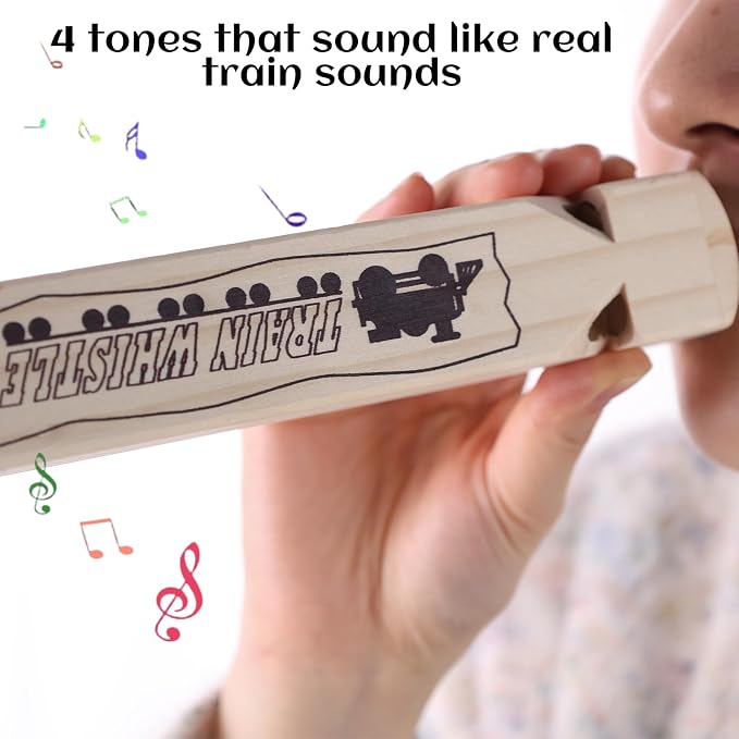 POPLAY 2PCS Kids Wooden Train Whistles, Noisemakers 4-Tone 7.3" Toy Wood Whistles for Kids Train Birthday Party Favors Carnival Prize Goodie Bag Filler Stocking Stuffers Game Prizes