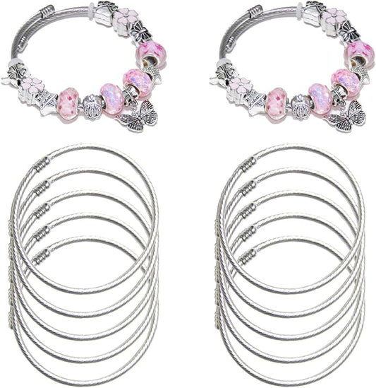 Exway 10 Pcs Elastic charm Bracelet chain Stainless Steel Cable Wire Twisted Cuff Bangle Bracelet Sliver charm Bracelets Kit for Crafts DIY Women Jewelry Making