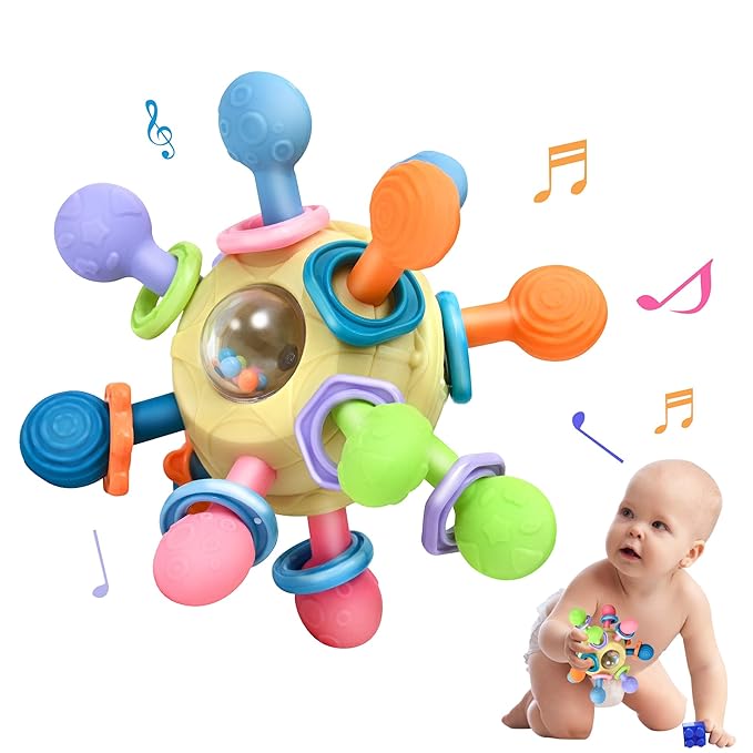 Baby Montessori Teething Toys for 0-6 6-12 Months Infant Teethers Sensory Toys for Babies 0 3 6 9 12 18 Months Learning Developmental Chew Rattle Toys Shower Gifts for 1 2 Year Old Girls Boys Yellow