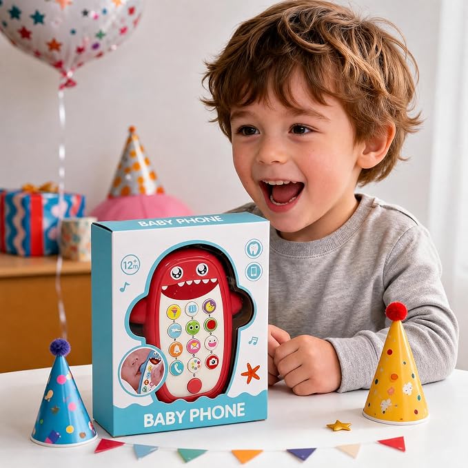 Baby Shark Cell Phone Toy Removable Teether Case, Light, Music Adjustable Volume Kid Play Learn Fake Phone Infant Toddler, Preschool Holiday Birthday Present Gift for Girl Boy 12 Months (Red)