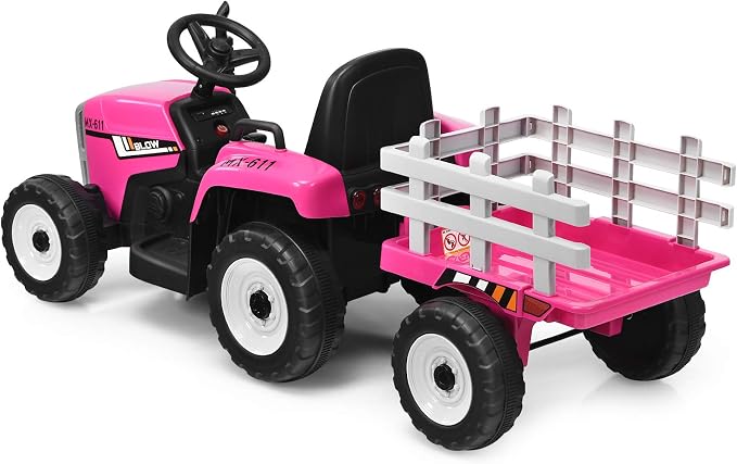 HONEY JOY Ride On Tractor with Trailer, Toddler 3-Gear-Shift Ground Loader, LED Lights, Horn, Music, 12V Battery Powered Electric Toy Tractor with Remote Control (Pink)