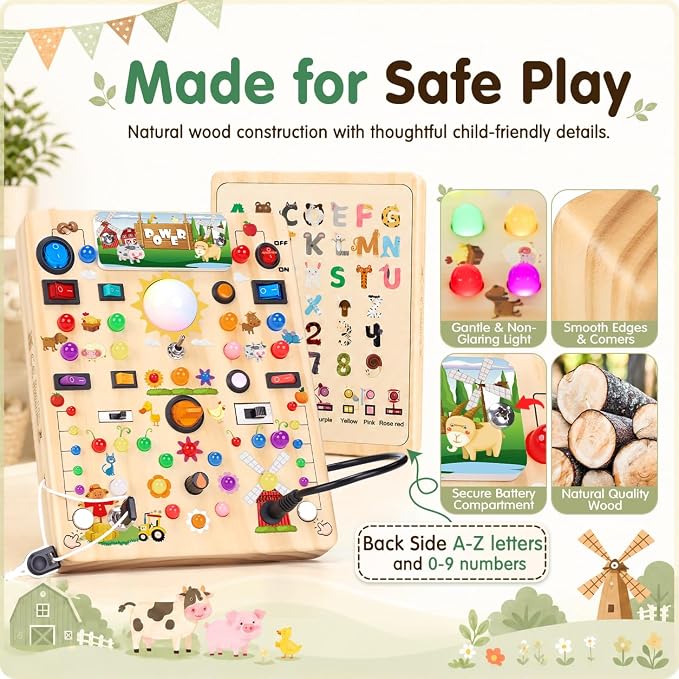 Busy Board with LED Light Switches, Montessori Toys for 1 2 3 Years Old, Toddlers Wooden Toy Sensory Activity Board, Travel Toys for 1+ Year Old Boy & Girl Birthday Gift (Farm 19 Switches)