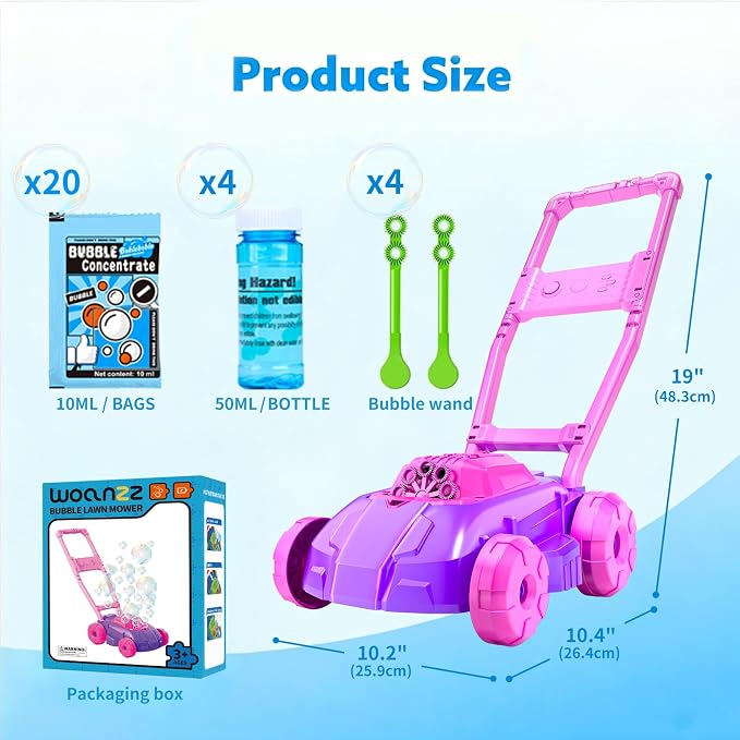 Bubble Lawn Mower for Toddlers 1-3, Automatic Bubble Blowing Machine Pretend Summer Gardening Play Bubble Toys for Age 1 2 3 Year Old Boys Girls Indoor Outdoor Use, Pink