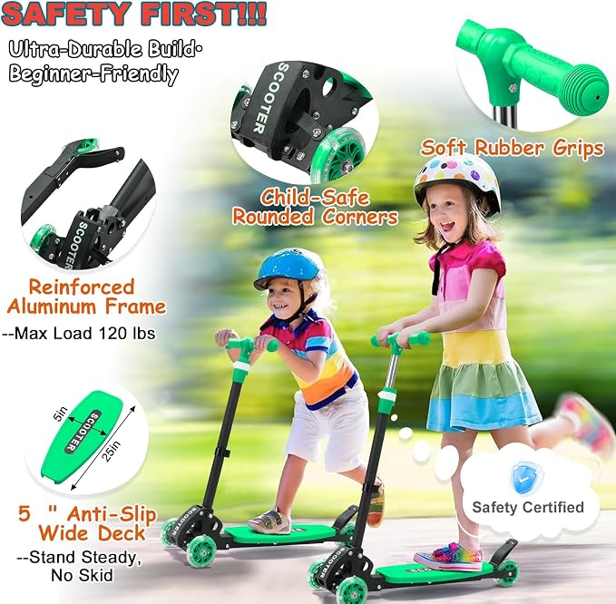 Kids Kick Scooter, Kick Scooter for Kids 2-7 Age, Light up 3 Wheels Kick Scooter, Heavy Duty Folding Lean-to-Steer Scooters with 3 Adjustable Handlebar for Boys Girls Blue