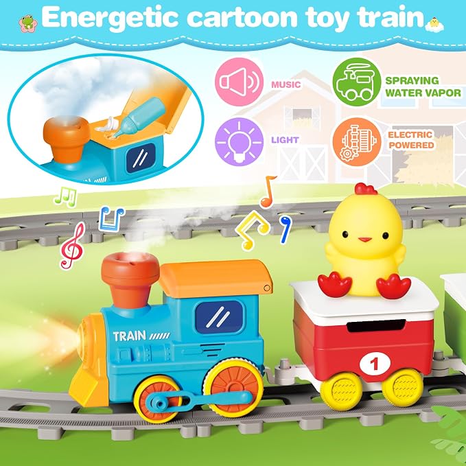 Learning Toy for Toddlers Ages 2-4, Electric Toys Trains with Lights, Music & Steam, Counting, Matching & Sorting Montessori Toy with 6 Finger Puppets, Birthday Xmas Gifts for Baby Boys Girls 18M+