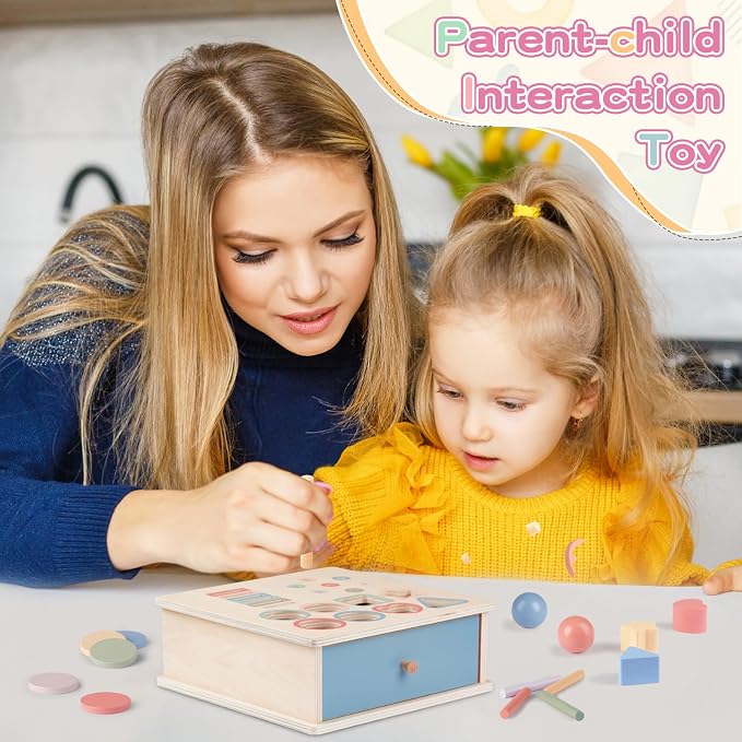Pajojoqa Montessori Toys for 2 3 4 5 Color Sorting - Wooden Object Permanence Box with Drawer Sensory Toys Shape Sorter Education for Baby Toddler Boy Girl Drop Busy Box 4 in 1