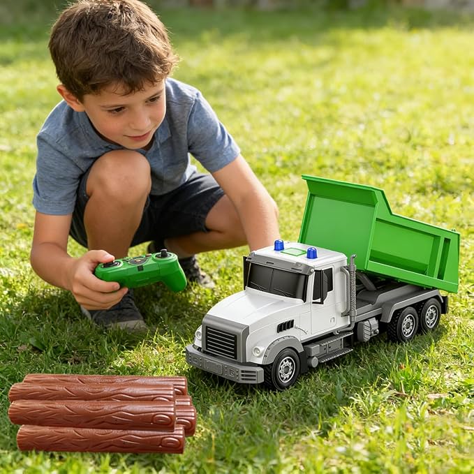 Remote Control Construction Dump Truck Toy RC Vehicle,6 Channel Truck Toys with 6 pcs Wood,2 Rechargeable Batteries,1/24 Scale Dump Trucks，Birthday Gifts Ideas for Boys Age 3-8 Year Old
