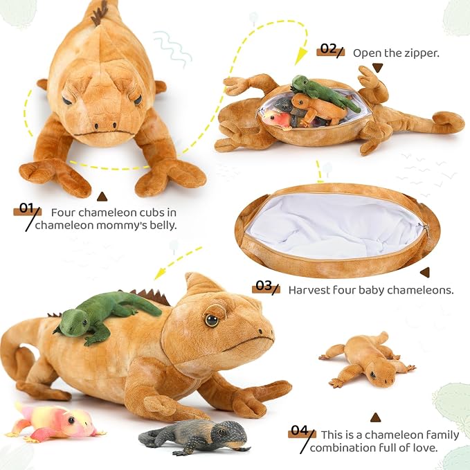5Pcs Giant Lizard Plush, 27" Mother Iguana Stuffed Animal with 4 Baby Lizard Plushies, Bearded Dragon Plush Toy for Kids Reptile Lovers, Yellow Stuffed Chameleon for Christmas Birthday Gift