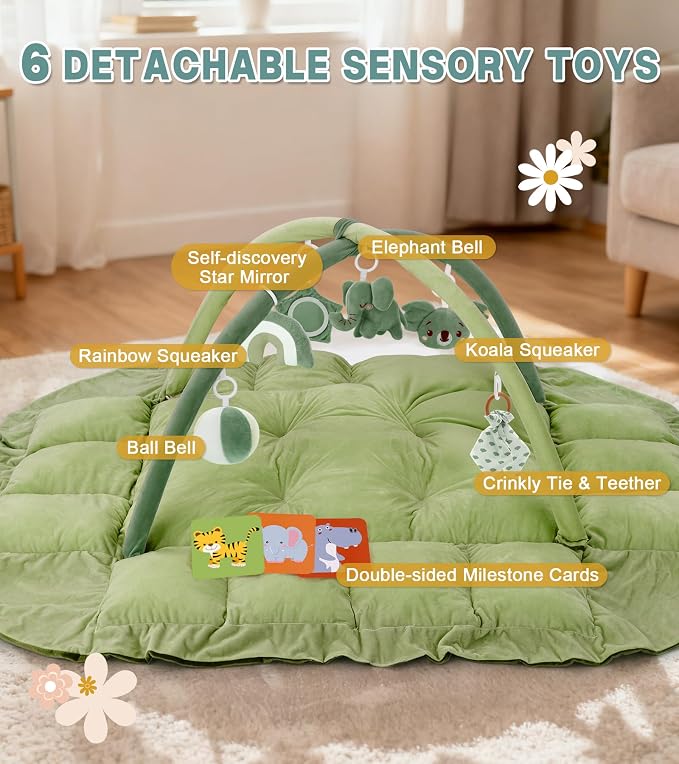 5-in-1 Baby Play Gym and Tummy Time Mat, 12 Learning Cards, Plush Activity Mat with 6 Toys, Convertible to Ball Pit, Baby Gift, Green