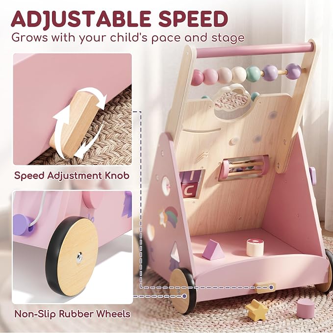 Lehoo Castle Unicorn Wooden Baby Walker, Adjustable Speed Baby Push Walker | Push Walker with 10-in-1 Activity Center, Montessori Walker Toy for 1 Year Old Girls Learning to Walk
