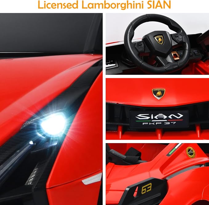 OLAKIDS Kids 12V Licensed Lamborghini SIAN Ride On Car, Electric Vehicle for Toddler with Control Remote, Battery Powered Toy with Music, Horn, 2 Speeds, Suspension, LED Lights, Bluetooth, USB (Red)