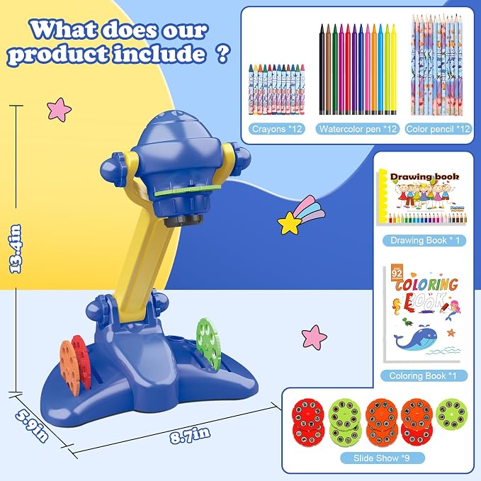 Sumsoltic Drawing Projector for Kids, Art and Craft Kit,Including Colored Pencils, Crayons, Coloring Books, Toys for 3+ Year Old Boys (Blue Drawing Kit v2)