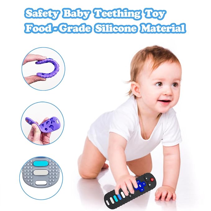ROBBEAR Baby Teething Toys, Food Grade Silicone Teether for Babies 3 6 12 18 Months, TV Remote Shape Toddlers Chew Toys, Freezer BPA Free (Pink+Blue)