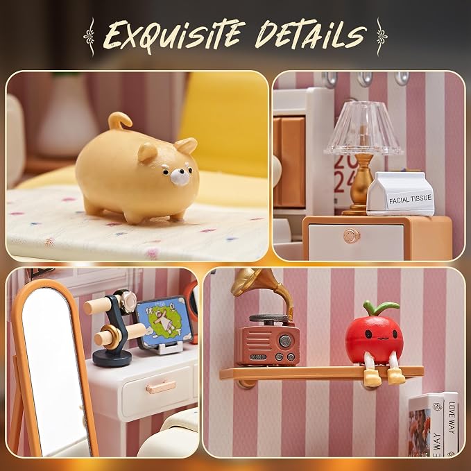 DIY Miniature Bedroom Kit – 82Pcs Cozy Dollhouse Room with LED Light & Blister Packaging, Connectable Model for Kids 8+ & Teens