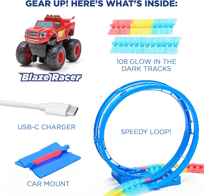 Blaze and The Monster Machine Race Track Set - 117-Piece STEM Playset with Flexible Glow Tracks - Official Nickelodeon Toys for Kids Ages 3 to 8 - Birthday Gifts for Boys & Girls by JitteryGit (Red)