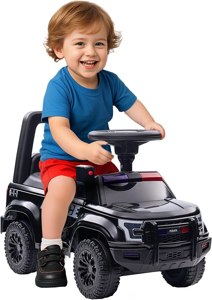 Aosom Kids Push Ride On Car with Working PA System and Horn, Police Truck Style Foot-to-Floor Sliding Car for Boys and Girls with Under-Seat Storage, for 18 Months to 5 Years Old, Black