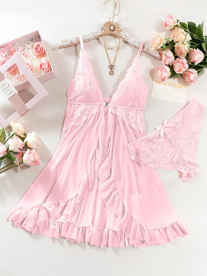 Foxiny Sexy Open Front V Neck Ruffle Sheer Mesh Lace Wireless Babydoll Lingerie Dress with Thong 2 Piece