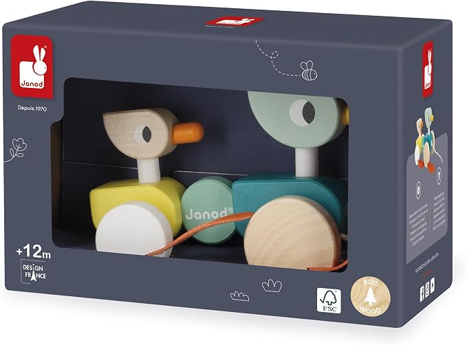 Janod Zigolos Pull Along Duck Family Early Learning and Motor Skills Toy with Flapping Feet Made of Beech and Cherry Wood for Ages 12 Months
