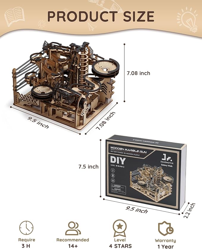 Sainsmart Jr. 3D Wooden Puzzles for Adults, Electric Marble Run Building Kit, Wooden Model Kits Spaceport, Creative Gifts for Teens Ages 14+ (Galaxy Walk)